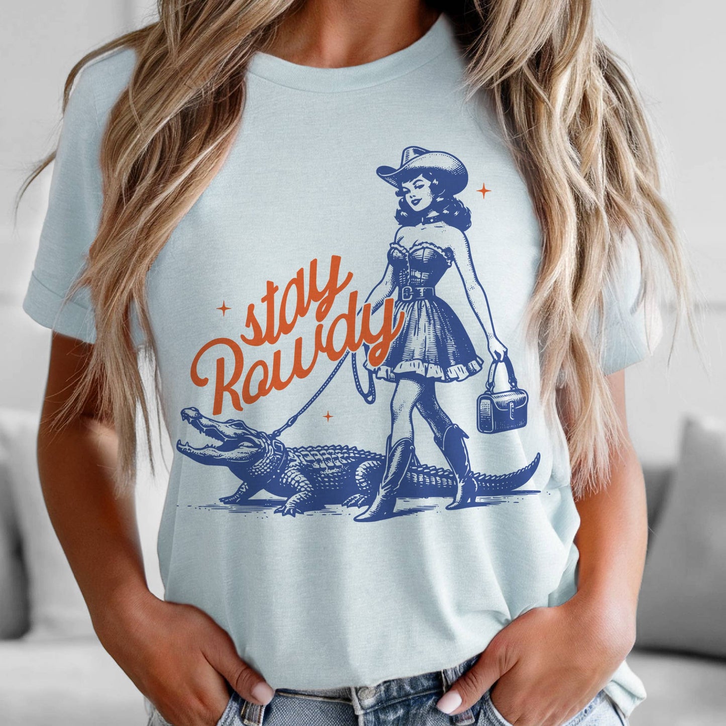 Western Stay Rowdy Retro Cowgirl Alligator Graphic Tee