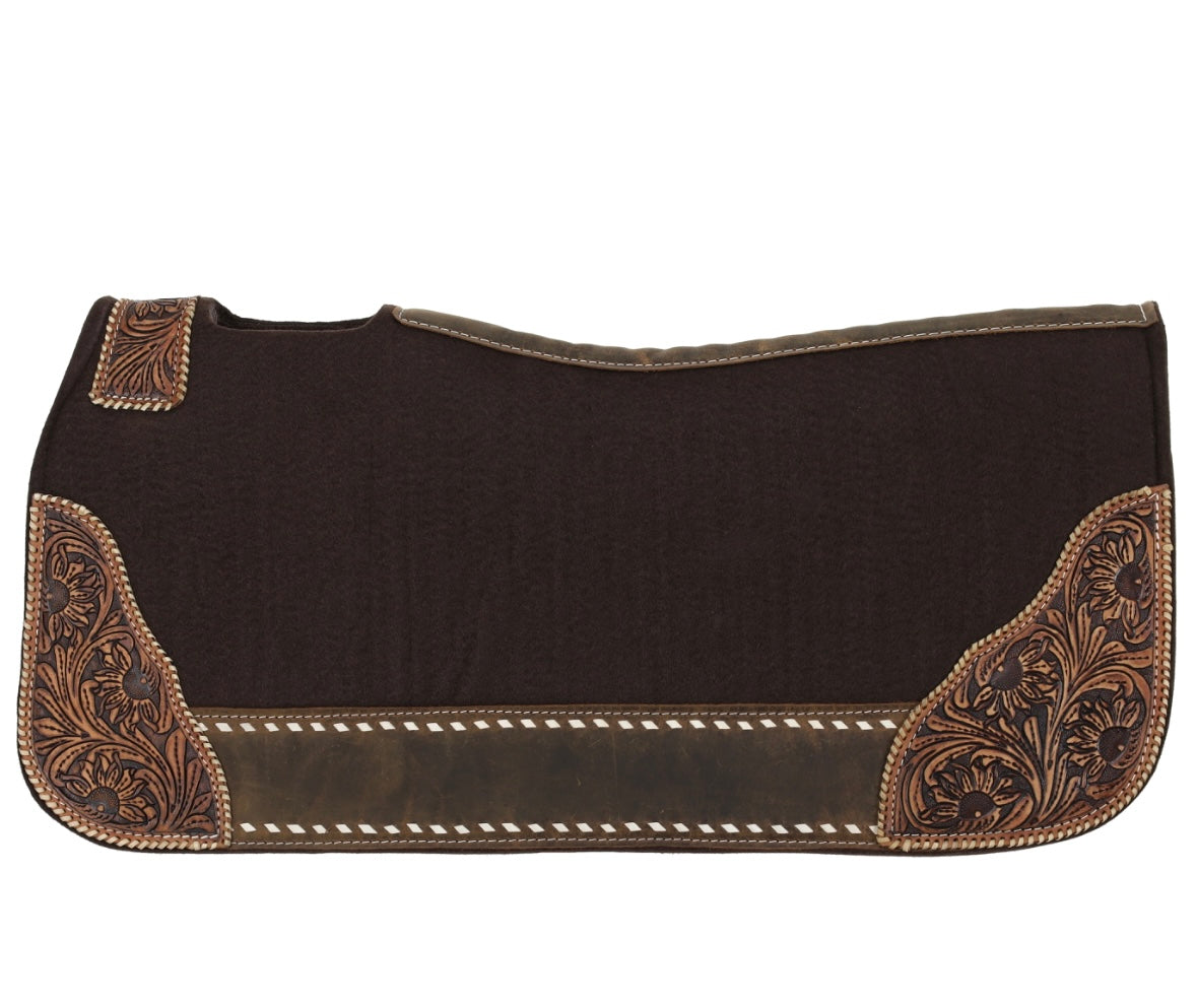 32" x 31" x 1" Brown Felt Saddle Pad with Medium Floral Stamp Leather Accents