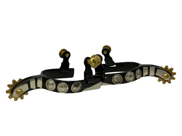 YOUTH black steel spurs with three engraved conchos