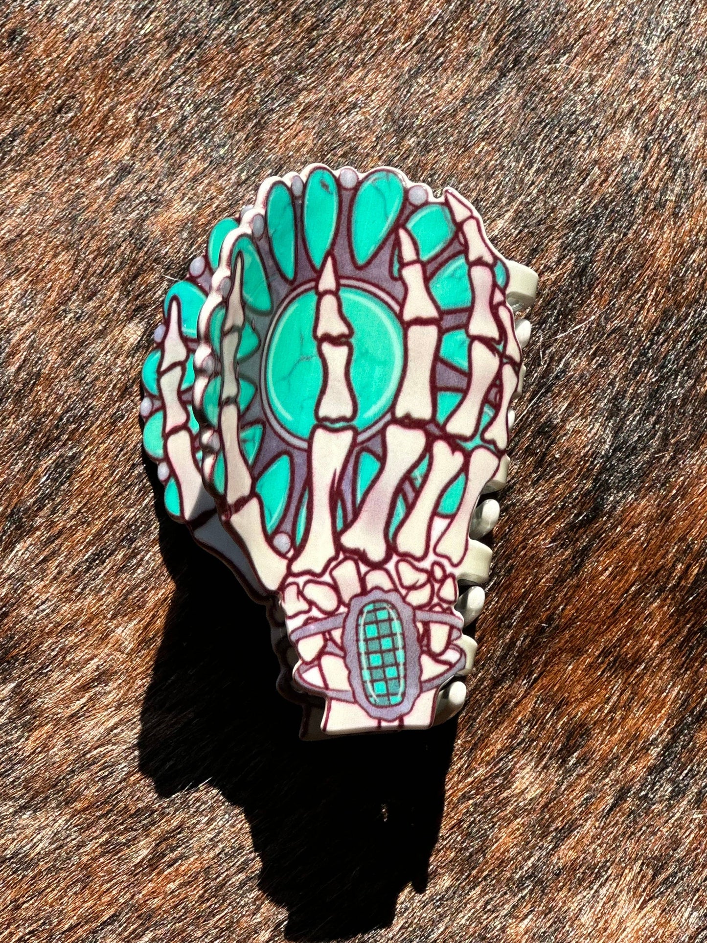Skelton/turquoise hand printed claw clip