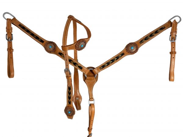 One Ear Braided Horse Hair Headstall and Breast collar Set with Copper Conchos