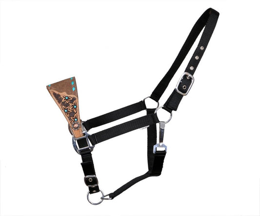 nylon bronc halter on medium leather with floral tooling and teal buck stitch
