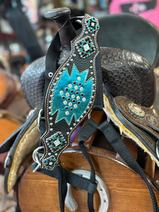 Nylon bronc halter with gray leather noseband & teal accents and bling conchos