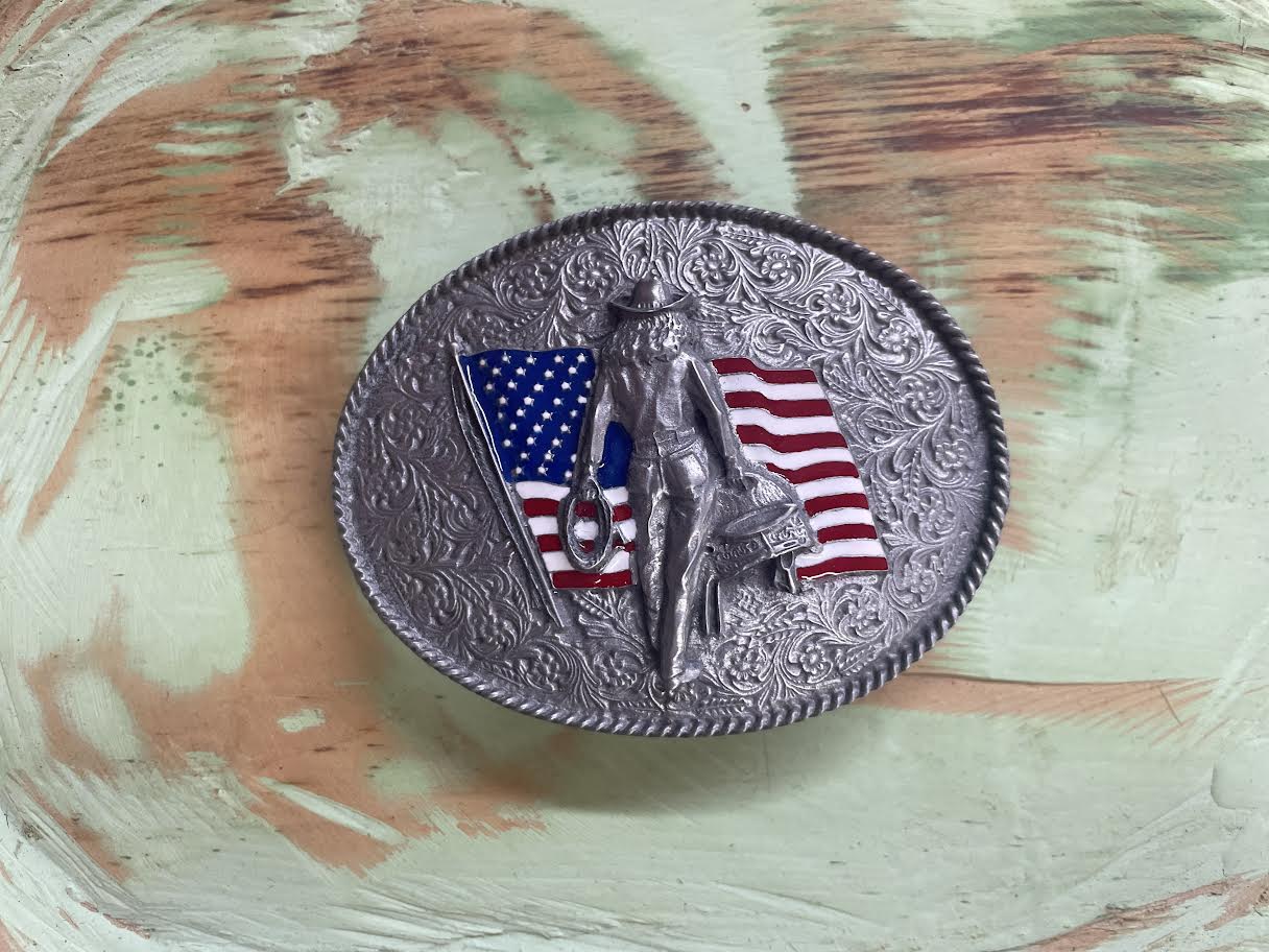 Cowgirl with Flag Belt Buckle