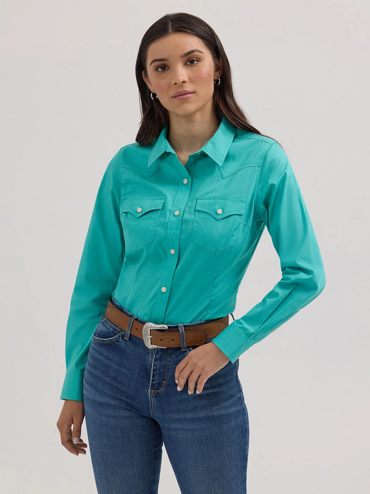 112358060 - Wrangler Retro® Long Sleeve Solid Shirt - Bright Aqua