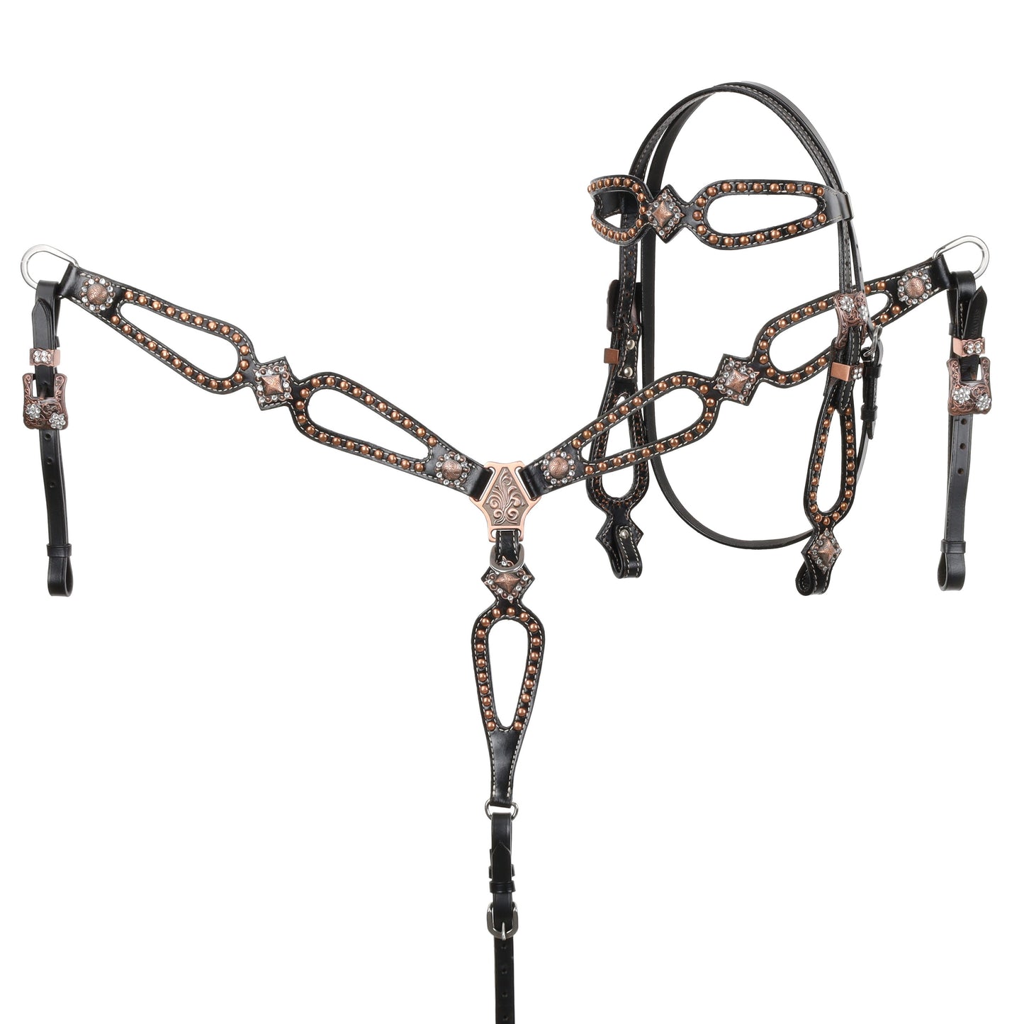 Black Headstall and Breastcollar Set with Copper Engraved Conchos