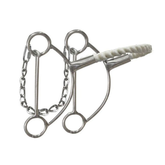 Stainless steel hackamore with wax coated twisted rope noseband. 6" cheeks