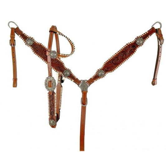 One Ear Headstall and Breastcollar Set with Floral Tooling and Barrel Racer Conchos