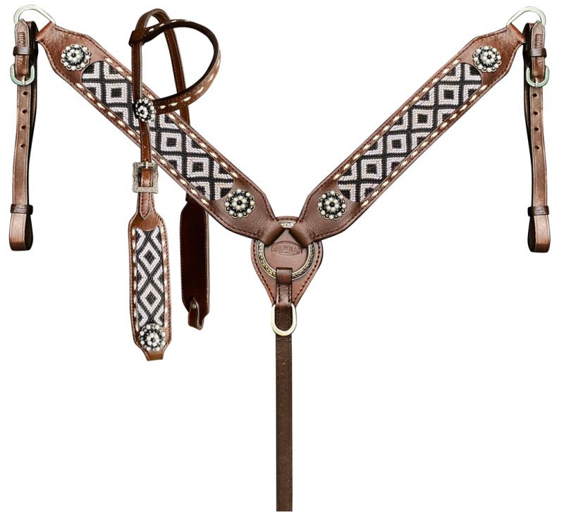 Woven Fabric Southwest Overlay leather One Ear Headstall Set