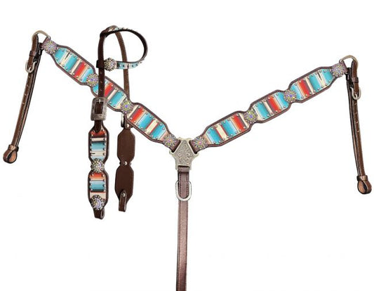 Serape Southwest Print dark oil leather One Ear Headstall and Breastcollar Set