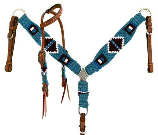 Pony Size Corded One Ear Headstall & Breast collar set - turquoise, black, and white