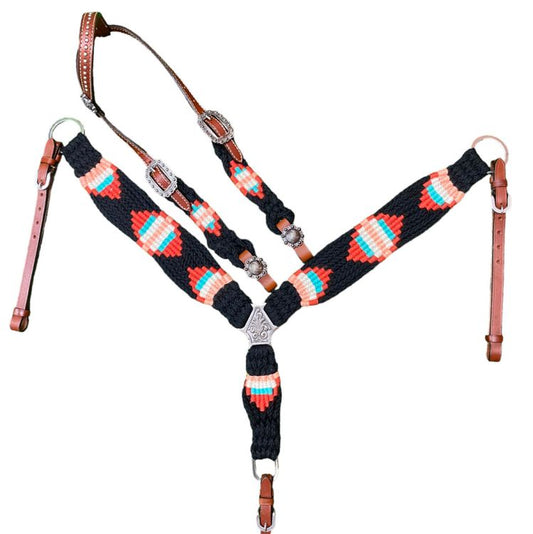 Corded One Ear Headstall and Breast Collar Set - Black/Red