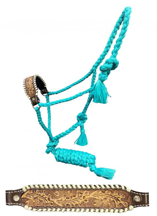 Woven teal nylon mule tape halter with tooled leather noseband