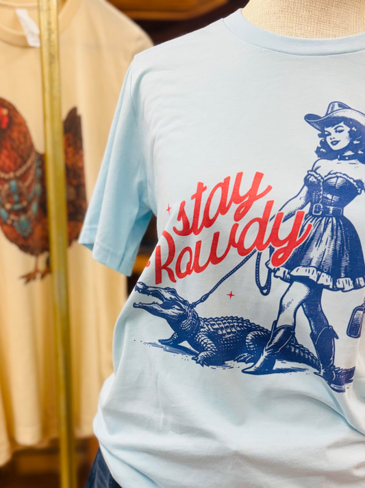 Western Stay Rowdy Retro Cowgirl Alligator Graphic Tee