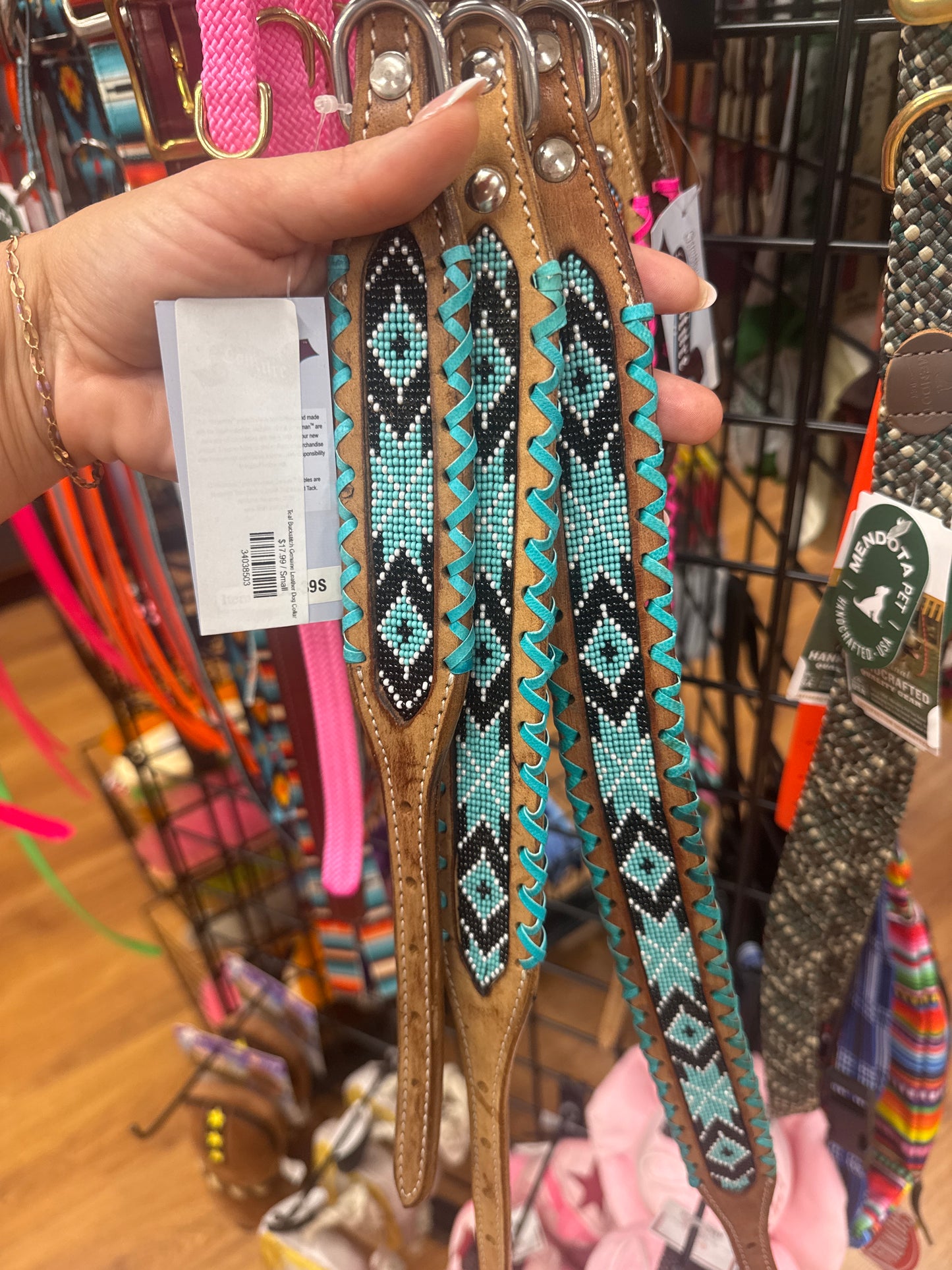 Teal Buckstitch Genuine Leather Dog Collar