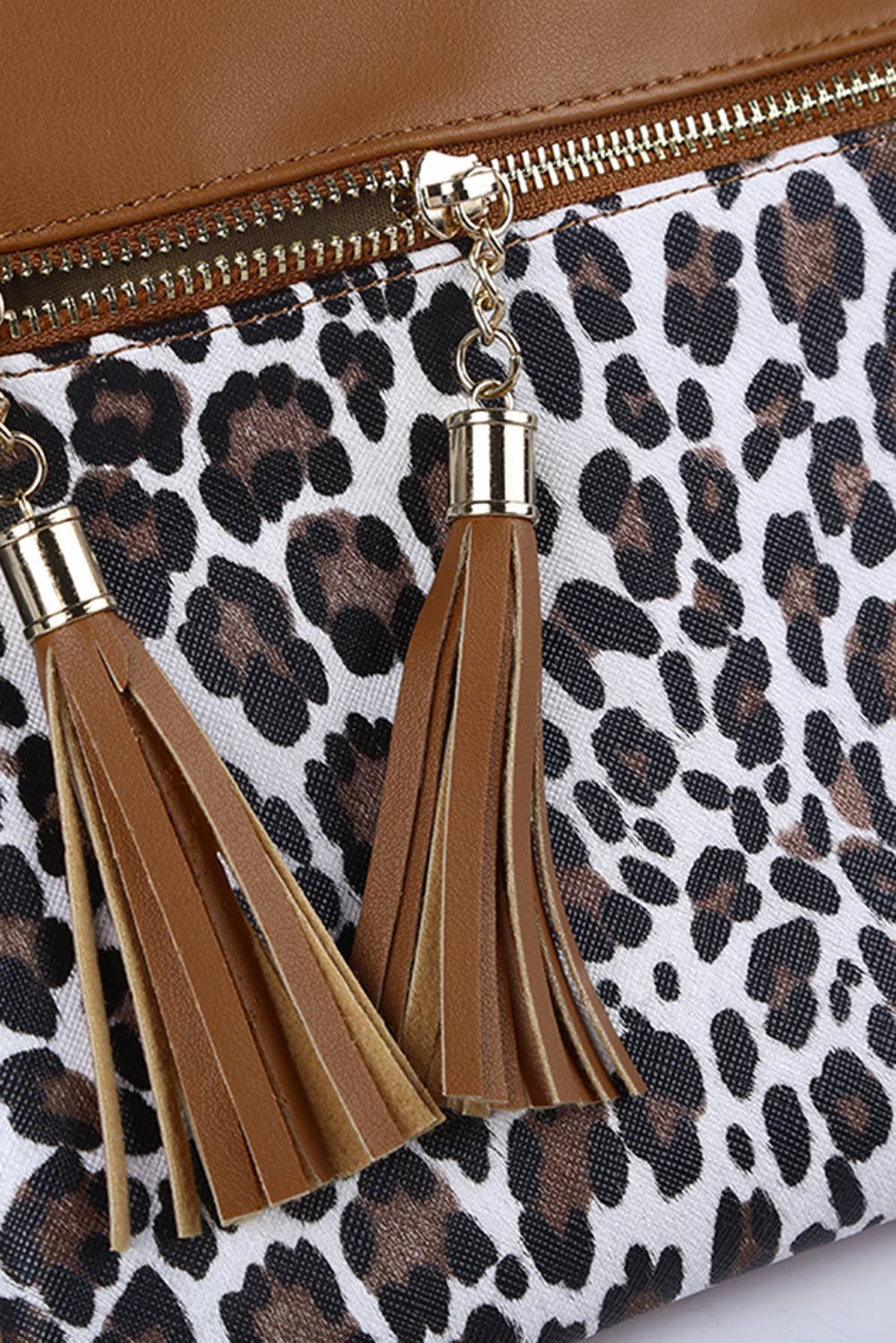 Brown and Leopard Print Crossbody Handbag with Tassels