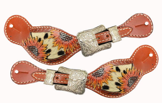 Showman Ladies leather spur straps with Cheetah Print Inlay with Painted flower design