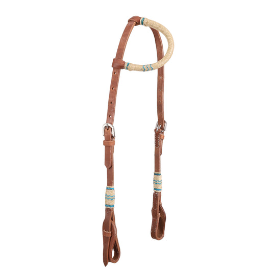 Leather One Ear Headstall with White and Teal Rawhide