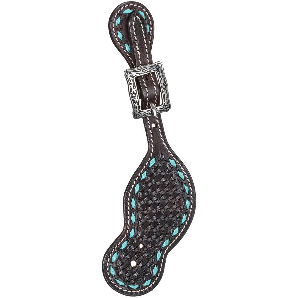 Dark Oil Basketweave Spur Strap with Teal Buckstitch