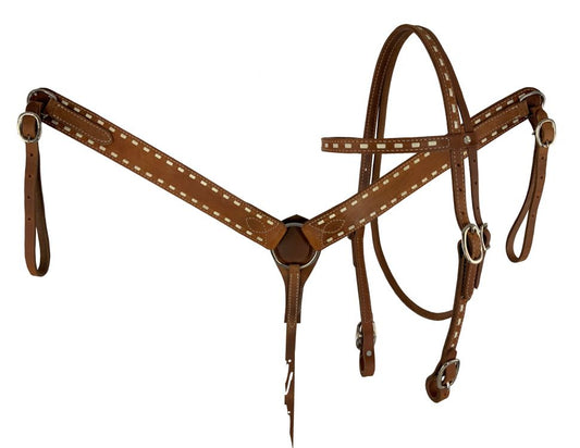 Leather buck stitched headstall and breast collar set with reins