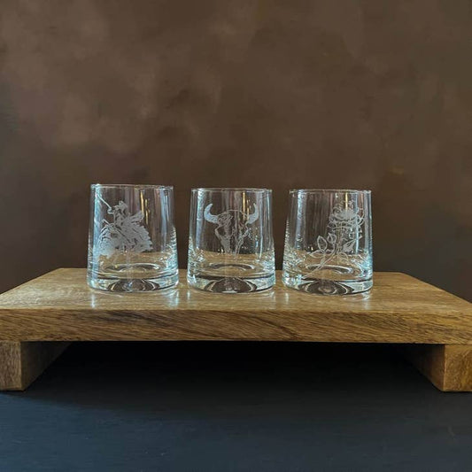 Western Inspired Old Fashioned Whiskey Glasses Set of 3