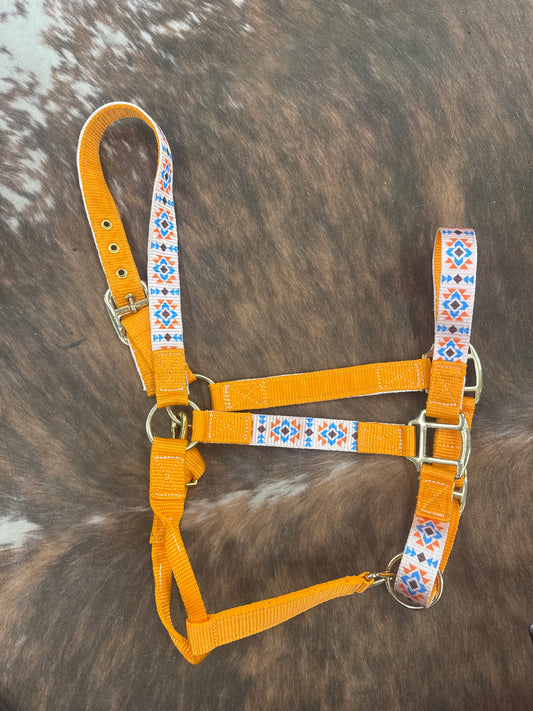 Premium Nylon Horse Halter Orange and Blue Navajo Print