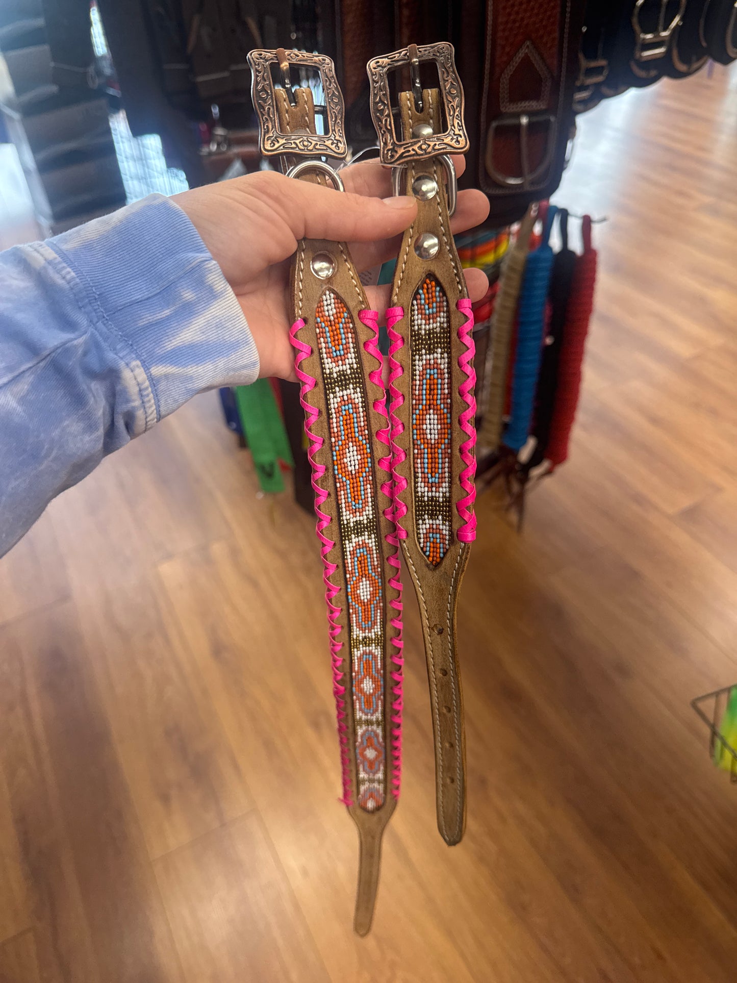 Pink Whipstitch Genuine Leather Dog Collar