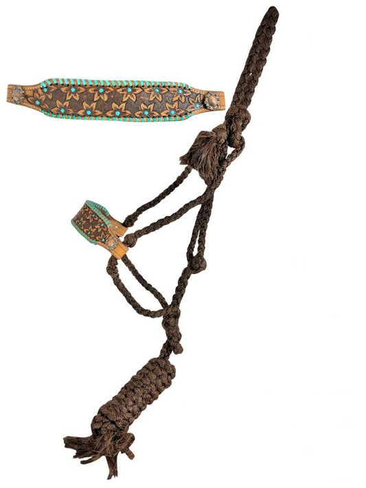 Woven Brown nylon mule tape halter with light oil tooled flower noseband