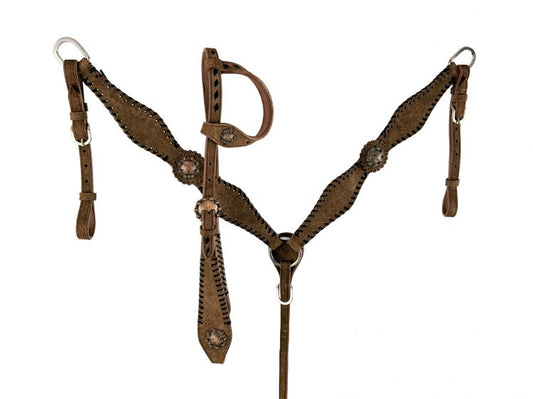 One Ear Chocolate Rough Out Headstall and Breast Collar Set with lacing