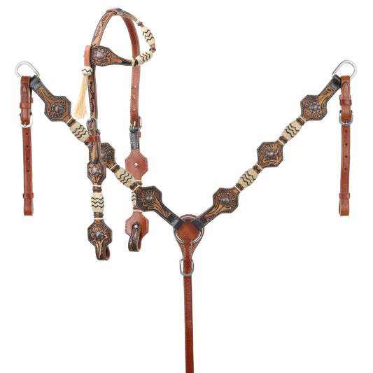 One Ear Headstall and Breastcollar Set with Rawhide Accents