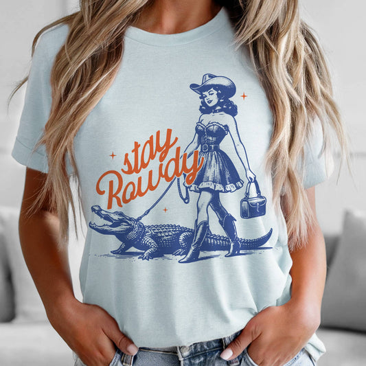 Western Stay Rowdy Retro Cowgirl Alligator  Graphic Tee
