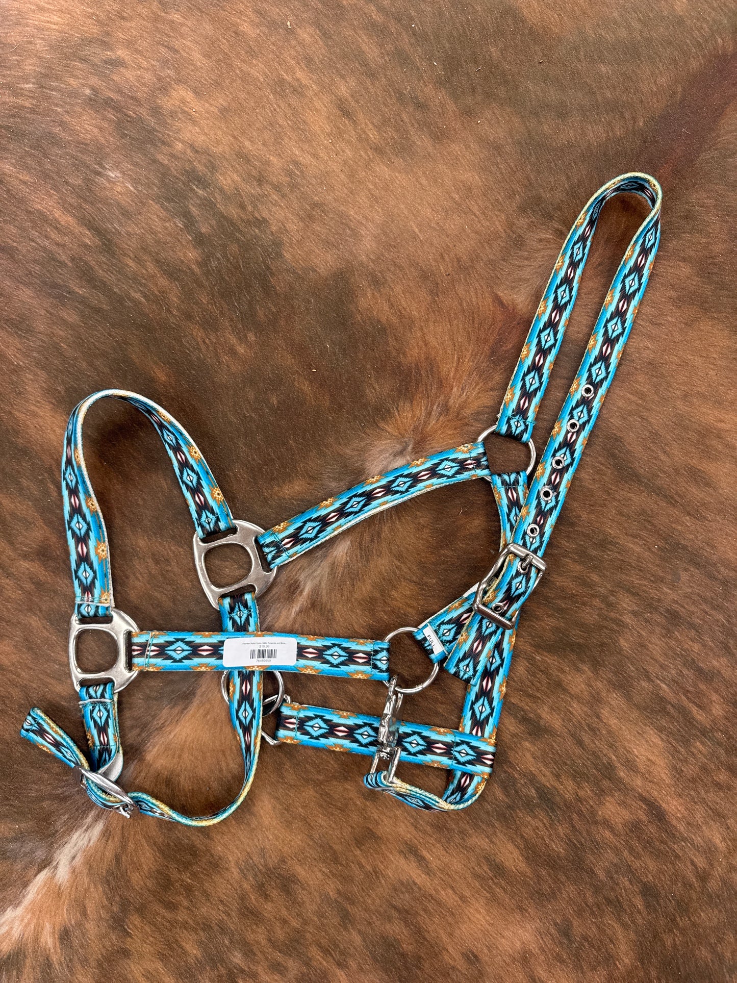 Premium Nylon Horse Halter Turquoise and Brown Southwest print