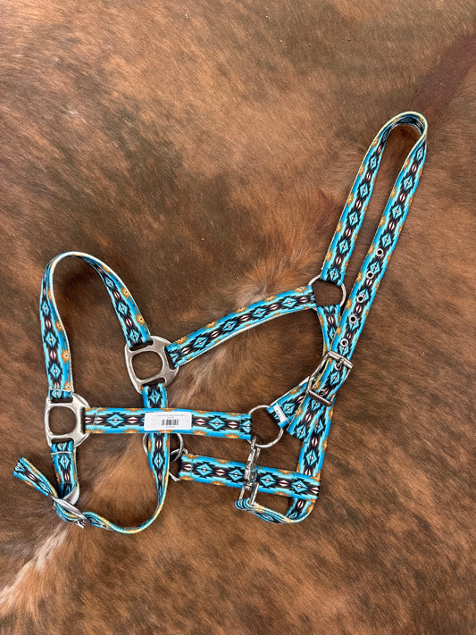 Premium Nylon Horse Halter Turquoise and Brown Southwest print