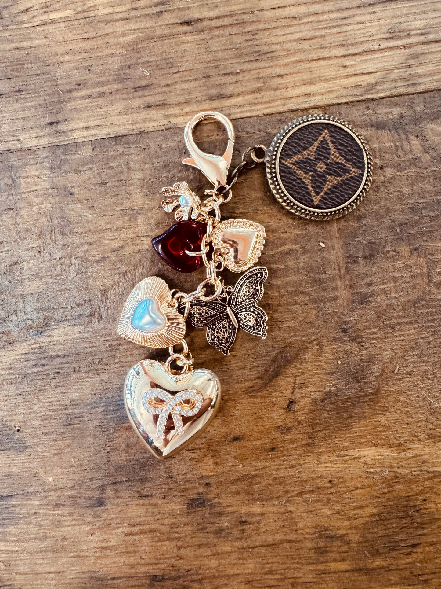 Upcycled LV Bag Charm Keychain Western Heart 