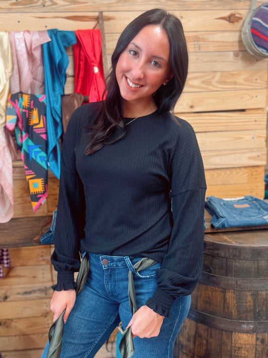 Women’s Ribbed Knit Crewneck Top with Smocked Cuffs