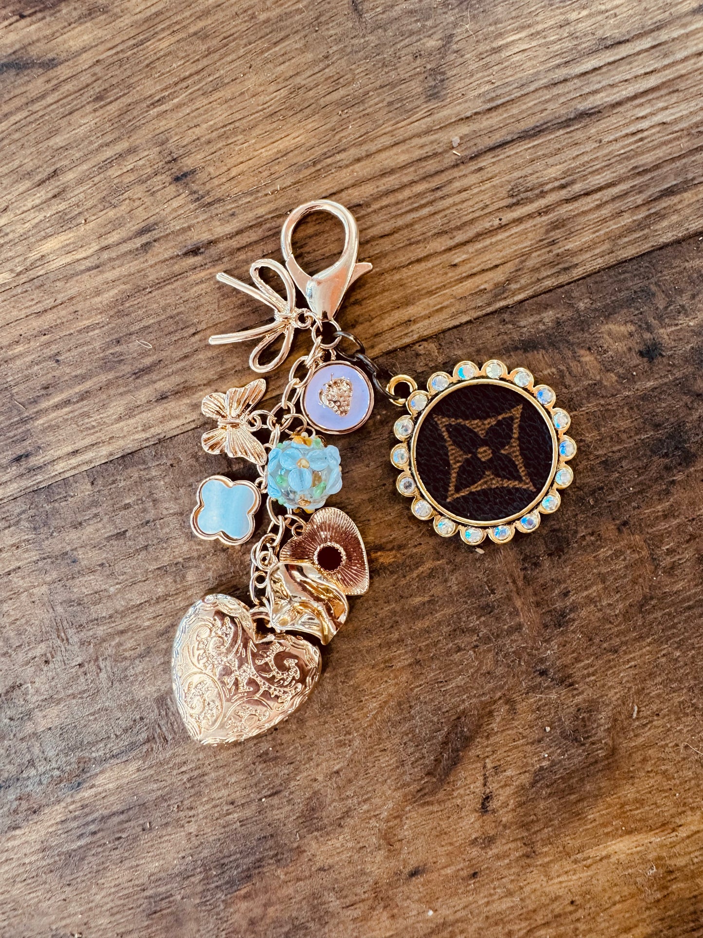 Upcycled LV Bag Charm Keychain Western Heart 