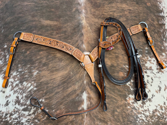Medium oil leather one ear headstall and breast collar set with floral tooling and silver dots