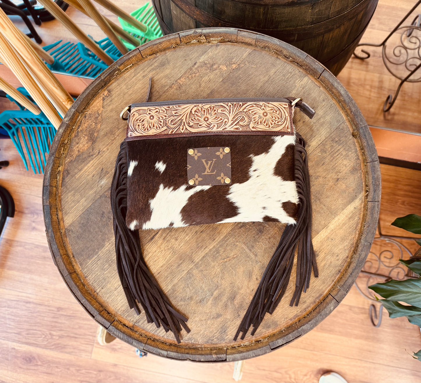 Upcycled LV Tooled Leather Cowhide Fringe Crossbody Bag 
