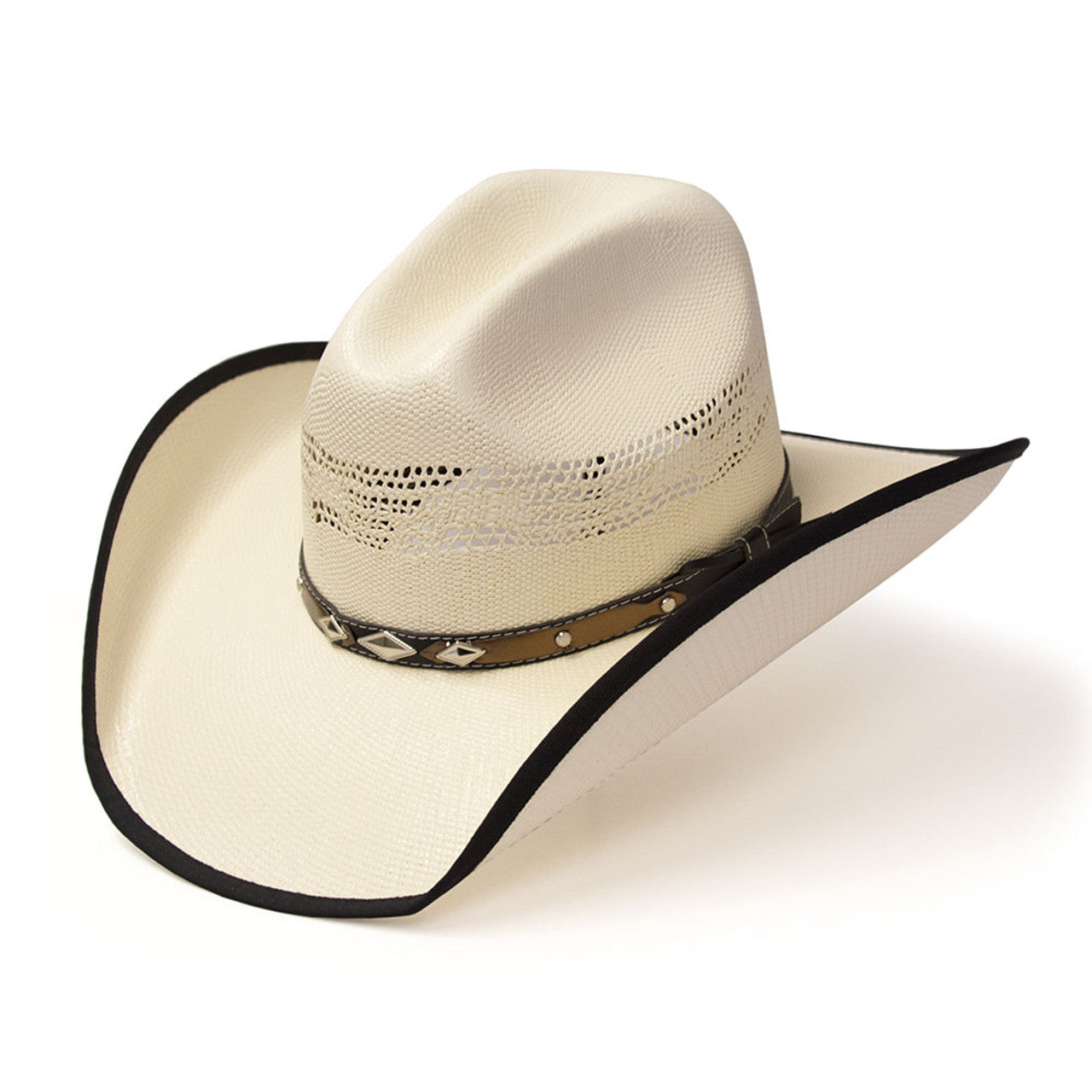 Natural Straw Western Cattleman Hat with Black Trim & Diamond Concho Hat Band