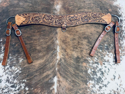 Floral tooled leather tripping collar with black whipstitch accent