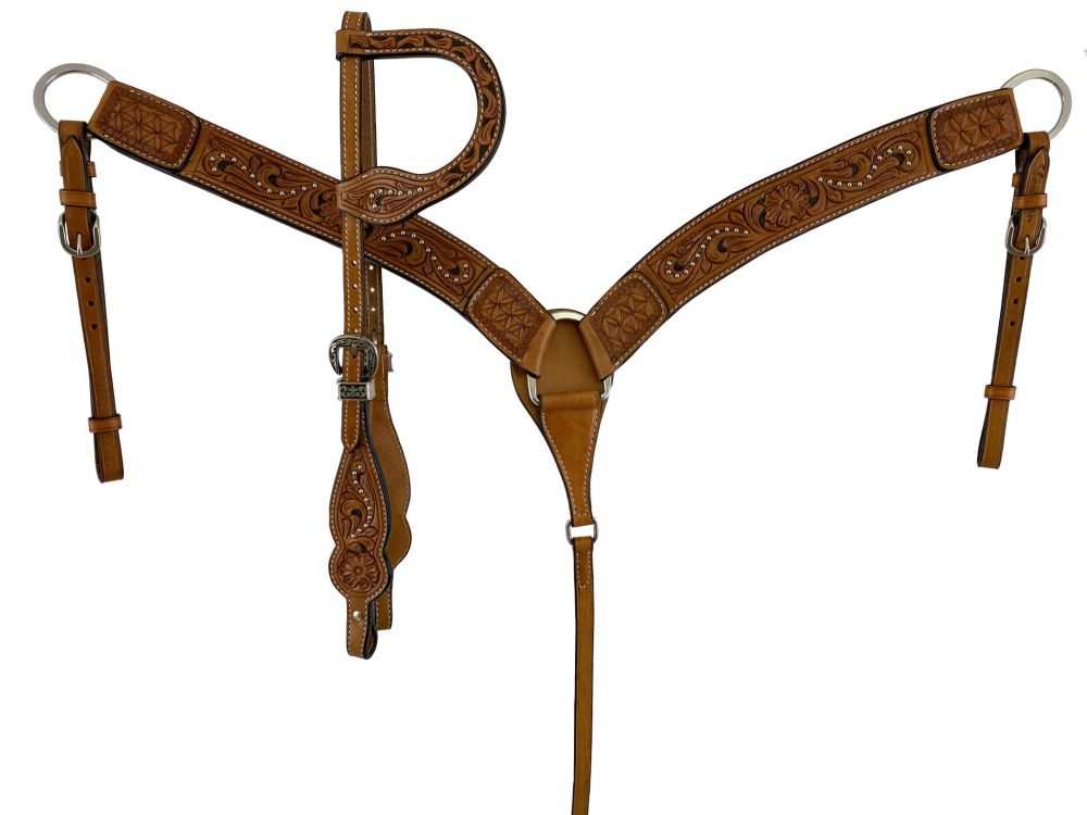 Medium oil leather one ear headstall and breast collar set with floral tooling and silver dots