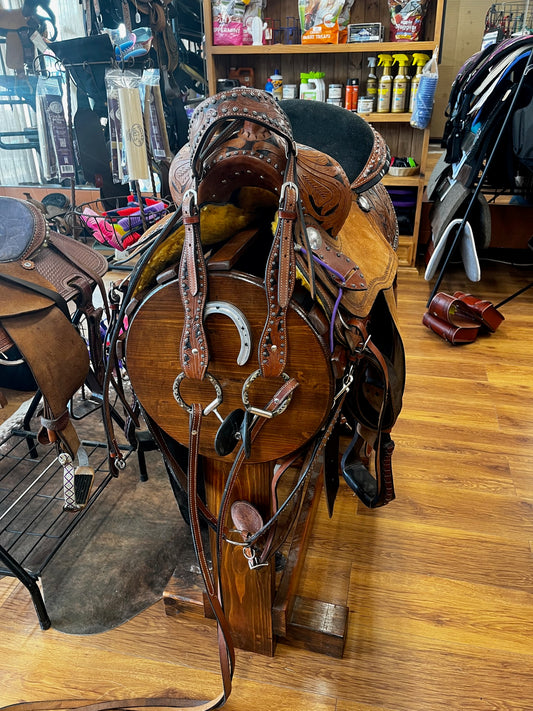 15" Barrel Saddle Suede Seat Rough Out Fenders with matching tack set #tkh