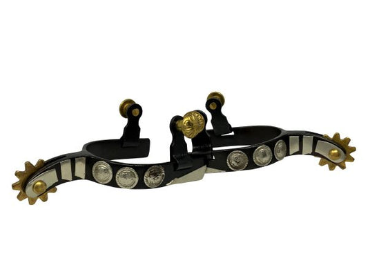 YOUTH black steel spurs with three engraved conchos