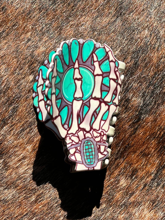 Skelton/turquoise hand printed claw clip