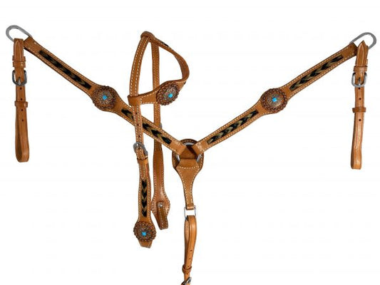 Showman One Ear Braided Horse Hair Headstall and Breast collar Set with Copper Conchos