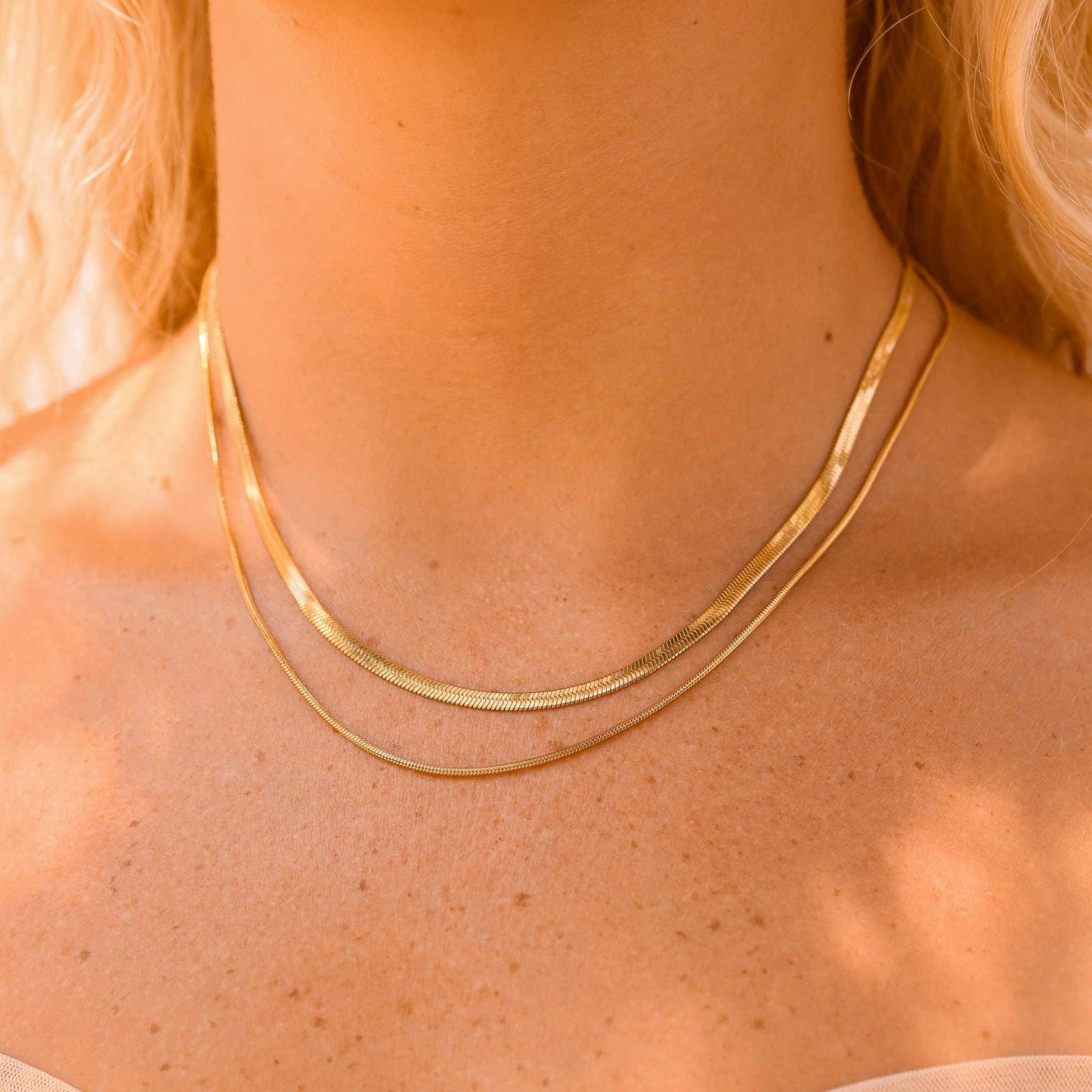 18K Gold PVD Stainless Steel Herringbone and Snake Layered Chain Necklace