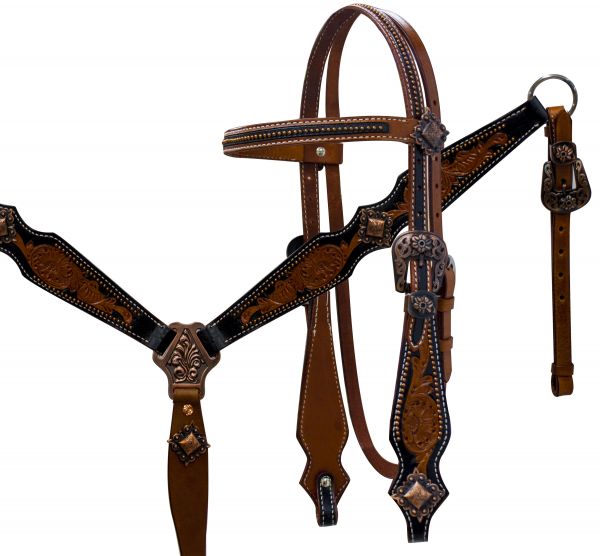 Showman Double stitched medium leather headstall and breast collar set with copper accents